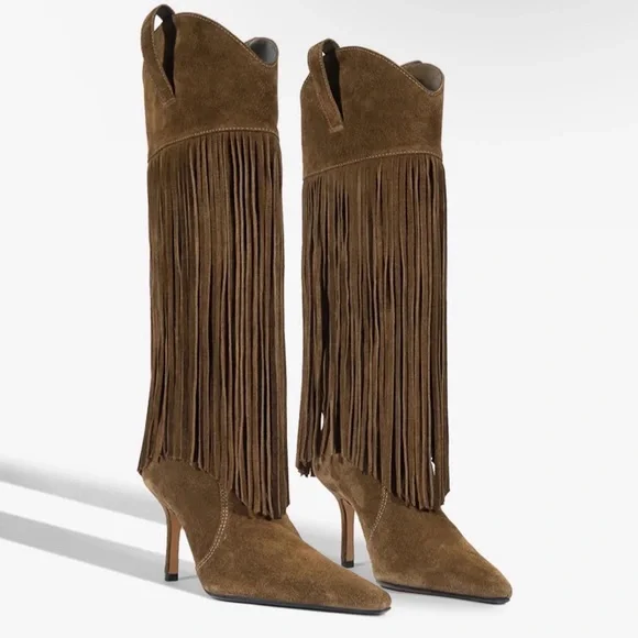 Schultz Brown Suede Fringe Heeled Boots - Picture 1 of 3